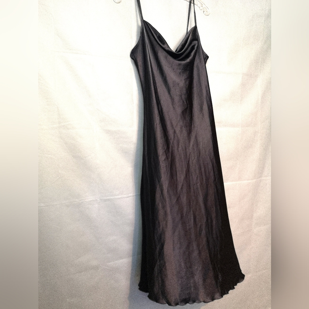 Vintage | Black Slip Satin Cowl Neck Spaghetti Strap Midi Dress - Picture 9 of 12